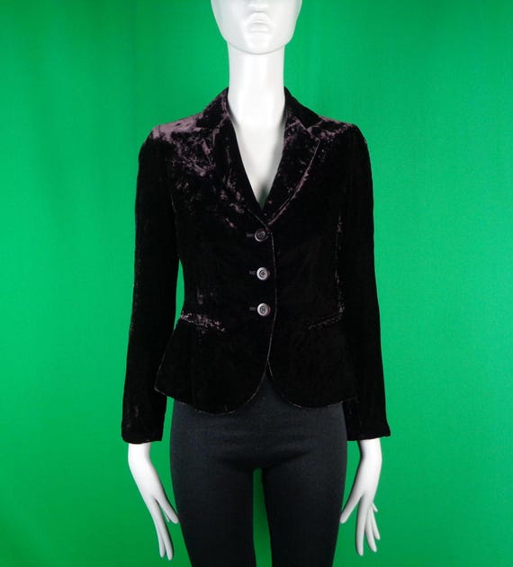 Vintage Retro Clothing Blazer Suit Jacket Coat Top Blouse 2000s Size Small 4 Eggplant Velvet Silk Wedding Party Evening Formal Casual Gift
