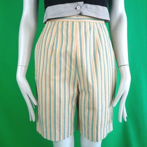Vintage 60s Striped Bermuda Shorts, High Waist Pockets, Size S Pink Orange Beige Blue