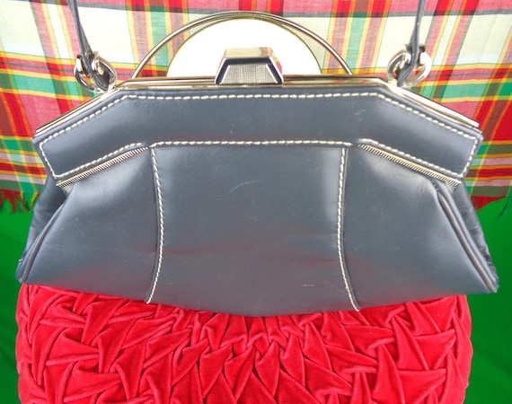 Vintage Retro Coret Shoulder Crossbody Gray Grey Purse Handbag Top Handle Clutch 1940s 1950s Leather Suede Wedding Party Evening Casual Gift