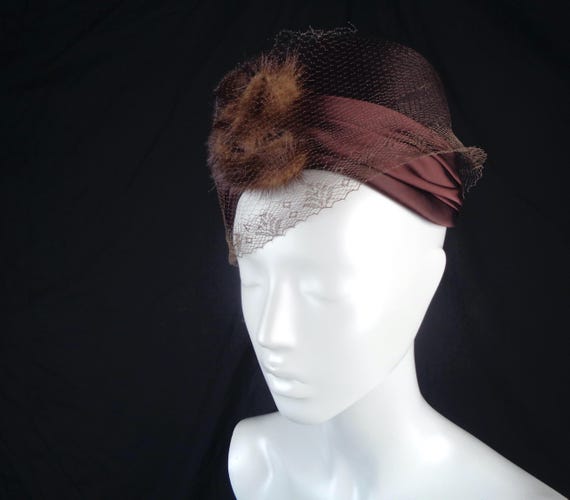Vintage Pillbox Mink Veil Capulet: 1950s-60s Turban Cloche Hat Mid Century Fur Accessory Gift