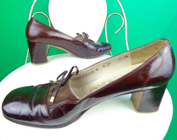 Vintage Retro Ferragamo Salvatore Brown Leather Suede Reptile Pumps Shoes Heels1960s 70s Mod CAN US 6 1/2  Wedding Party Formal Evening Gift