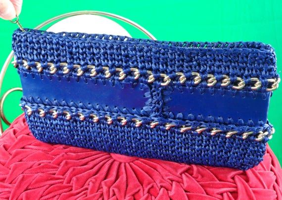 Vintage Retro Navy Blue Gold Chain Raffia Straw Rattan Vinyl Clutch Handbag Purse 50s 60s Mid Century Wedding Party Evening Gift Accessorize