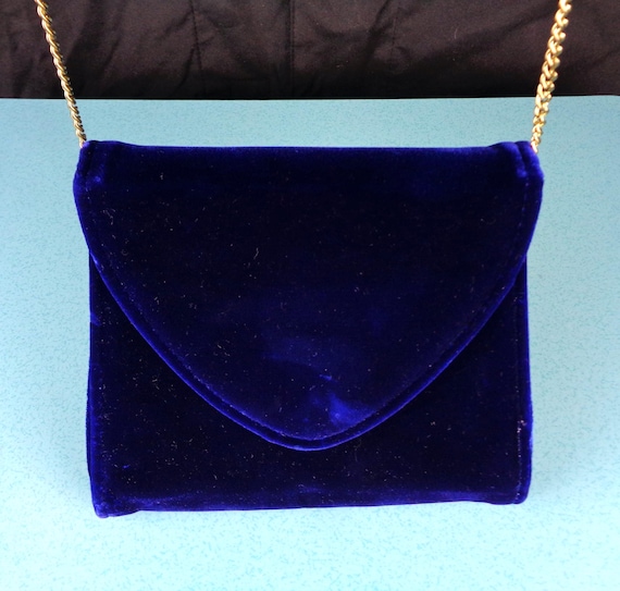 Vintage Rome Blue Velvet Evening Handbag with Gold Chain, Made USA Accessory 1960s Purse
