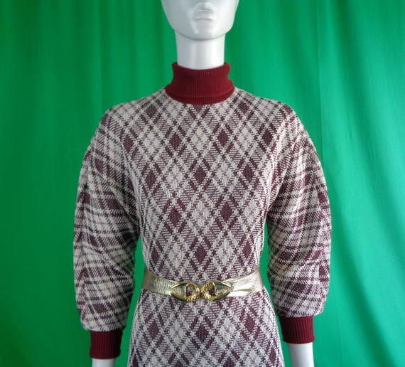 Vintage Retro Clothing Kimberly Zip Knitwear Dress Frock 1960s 1970s Large Wool Burgundy White Wedding Party Evening Formal Casual Gift