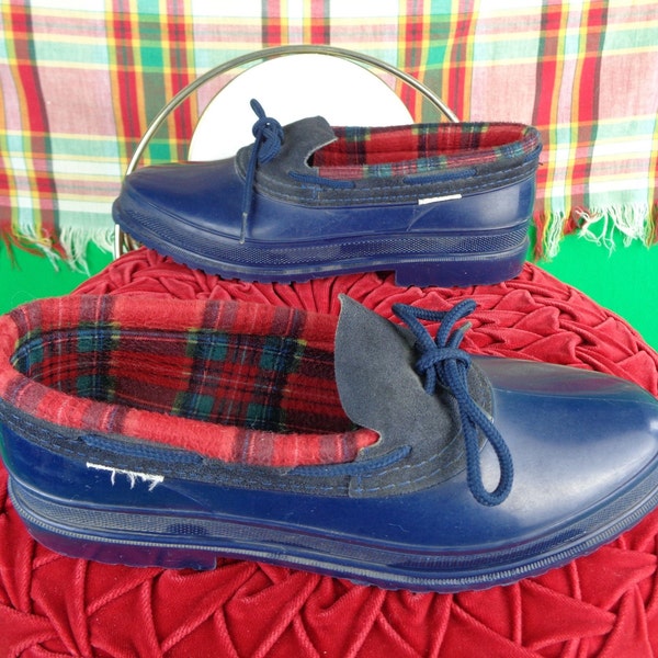 Vintage Retro 1980s 1990s Rubber Suede Flat Duck Tie Ankle Shoes Slides Size 8 Euro 39 UK 6 Navy Blue Red Green Yellow Plaid Tartan Gift