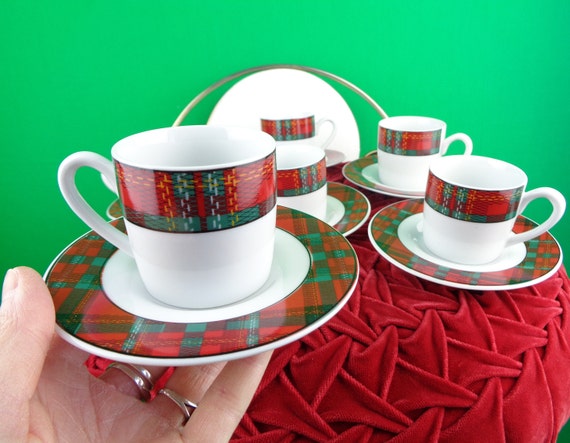Vintage Retro Espresso KOPIN Cup Saucer Tea Coffee Porcelain Tartan Plaid Drink Barware Kitchen Dining Serve Home Decor Party Evening Gift