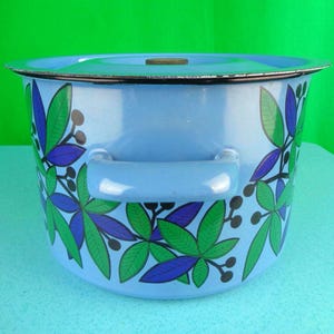 May include: A light blue enamel pot with a lid and two handles. The pot is decorated with a floral pattern in green and purple. The rim of the pot is silver. The pot is sitting on a light blue surface with a green background.