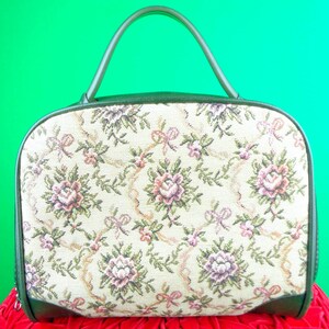 Vintage Tapestry Handbag: Floral Petit Point Top Handle Purse 60s-70s Green Vinyl Bag Accessory image 3