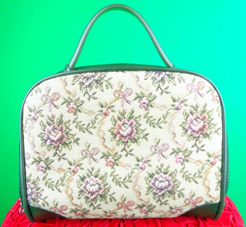 Vintage Tapestry Handbag: Floral Petit Point Top Handle Purse 60s-70s Green Vinyl Bag Accessory image 3