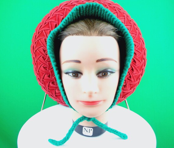 Handmade Green Knit Head Scarf - Mid Century style Tie Wrap Ear Warmer Gift Accessory