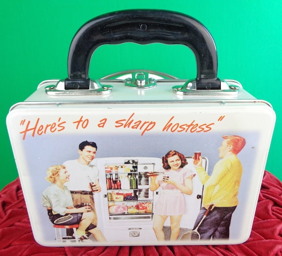Vintage Retro Tin Tote Bin Container Purse Handbag 1999 50s 60s style Advertisement Memorabilia Keepsake Storage Organization Gift Collect
