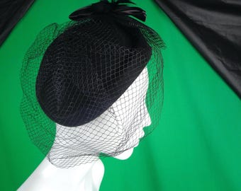 Vintage Bollman Black Feather Veil Hat - 1970s Millinery Bow Capulet Party Evening Gift Accessory
