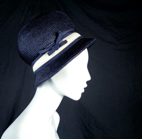 Vintage Navy Straw Bucket Hat: 1960s Mod Ribbon Accent Blue Mushroom Capulet Gift Accessory