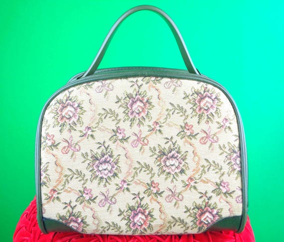 Vintage Retro Tapestry Green Handbag Top Handle Purse 1960s 70s Mid Century Floral Petit Point Vinyl Market Carry On Travel Gift Accessorize