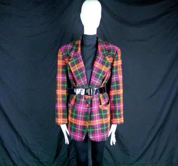 Vintage Plaid Suit Tweed Jacket 1980s 90s Della Spiga Blazer Red Purple Yellow Green