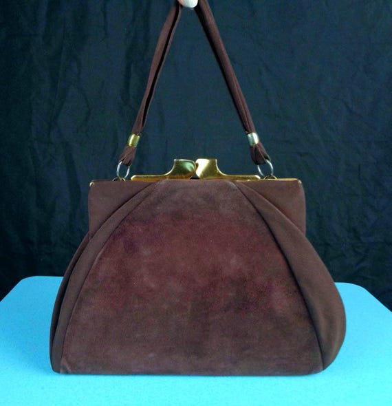 Vintage Jemco Suede Clutch: 1930s-40s Burgundy Top Handle Handbag Purse Gift Accessorize