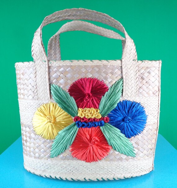 Vintage Retro Straw Rattan Handbag Purse Top Handle 1950s 1960s Mid Century Wedding Party Floral Raffia Market Travel Beach Gift Accessorie