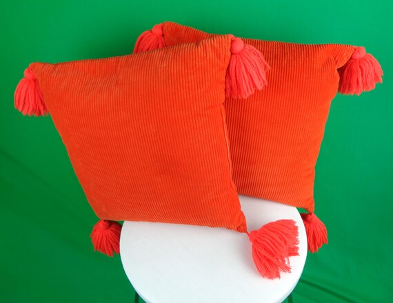 Vintage Retro Decorative Throw Pillows Cushions Square Cord Tassel Solid 1960s 70s Mid Century Orange Chair Sofa Home Room Accent Decor Gift