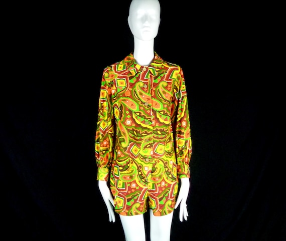 Vintage 60s Paisley Cotton Romper - Handmade Geometric Playsuit Jumpsuit Yellow Green Orange Brown Clothing