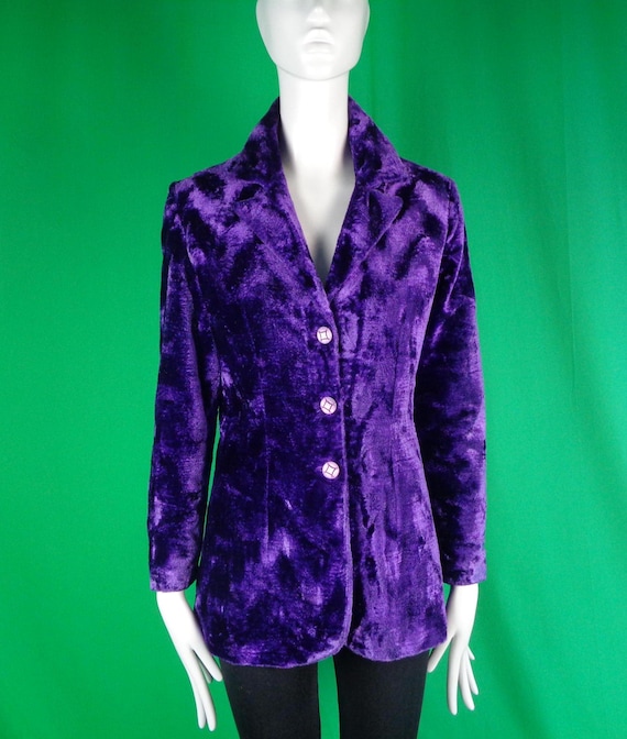 Vintage Retro Handmade Clothing Crush Velvet Purple Suit Blazer Dress Jacket 1960s 70s XS Small Long Button Party Formal Evening Casual Gift