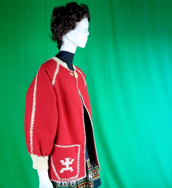 Vintage Navajo Wool Sweater Top: 1950s Harajuku Bishop Sleeves Cardigan Ltda Ikat Red Cream