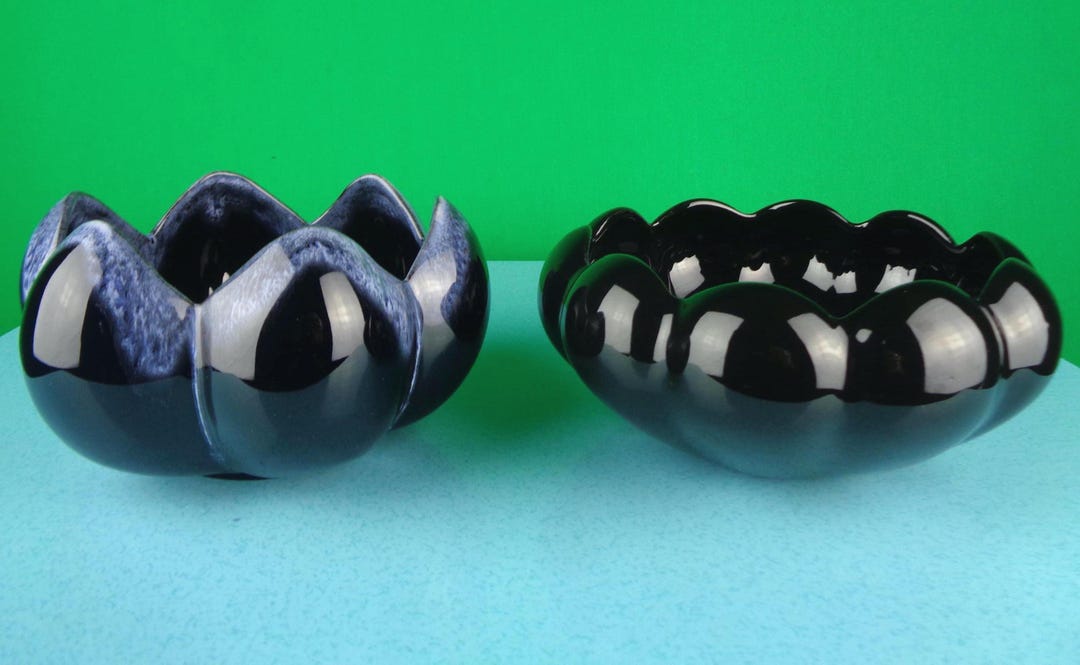 Vintage Ceramic Lotus Bowls: 1960s Black & Blue Glazed Planter Rum Rill ...
