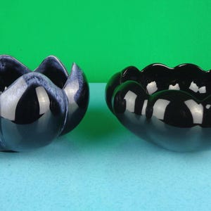 Vintage Ceramic Lotus Bowls: 1960s Black & Blue Glazed Planter Rum Rill Bulb Dish Decor
