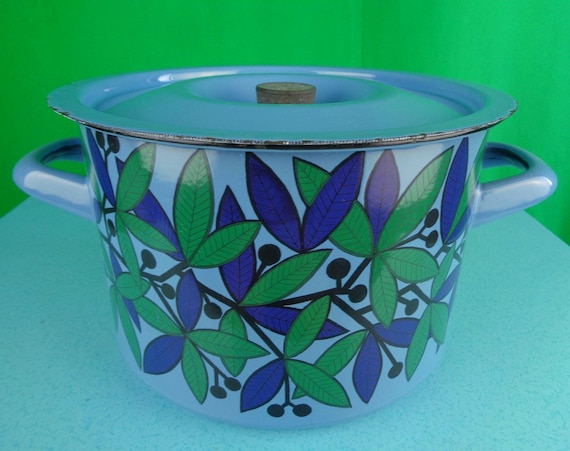 Vintage Retro Finel Stock Pot: 1960-70s Finland Cookware Transfer-ware Leafy Enamel Kitchen Decor Gift