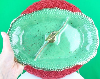 Vintage Retro Pottery Serving Candy Dish MCM California Green Gold Handle 1950s 1960s Mid Century Room Accent Home Live Kitchen Dining Decor