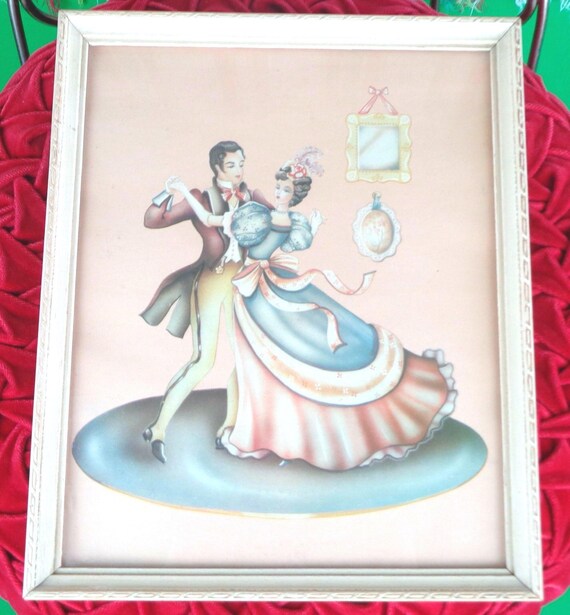 Vintage 1940s Colonial Dancing Couple Portrait, Pastel Picture Frame Wall Art Accent Decor Gift