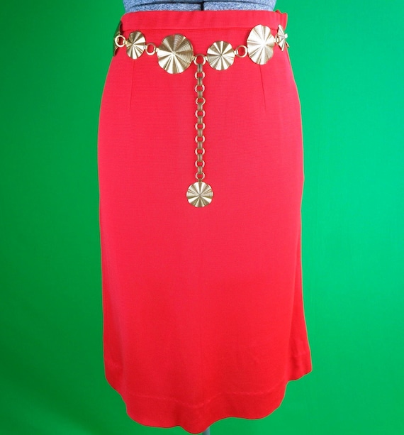 Vintage Red Wool Knit Pencil Skirt: 1960s Mid-Century Terkel Paris Size Medium Clothing Apparel