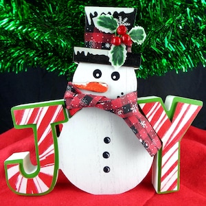 Painted Wooden Snowman JOY Decoration: Rustic Christmas Shelf Decor Holiday Room Home Accent Gift