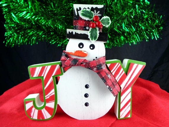Painted Wooden Snowman JOY Decoration: Rustic Christmas Shelf Decor Holiday Room Home Accent Gift