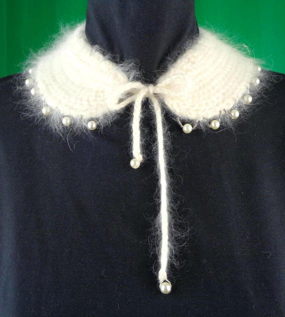 Vintage Angora Collar: Handmade Cream Cable Knit with Pearls 50s-60s Necktie Mid Century Accessory
