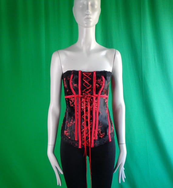 Vintage Retro Clothing Asian Cage Corset Buster Bra Top Lingerie Intimate Wear 80s 90s Small Red Black Satin Boudoir Undergarment Party Gift