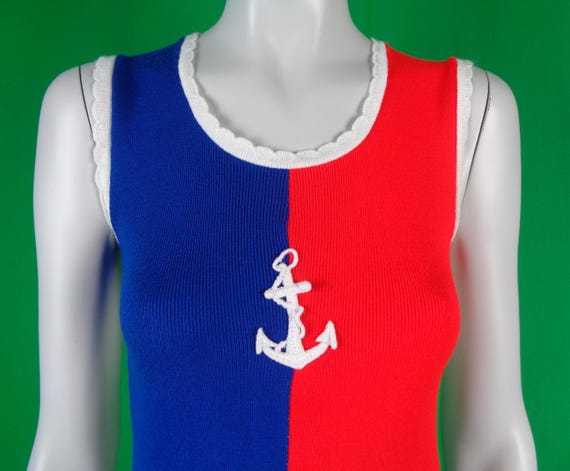 Vintage Retro Nautical Anchor Clothing Apparel 1970s 80s Pullover Sweater Top Blouse Knitwear Jersey S Color Block Red White Blue Party Gift