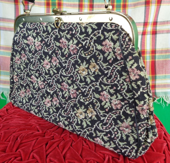 Vintage Retro Accessorie Tapestry Purse Handbag Clutch 1950s 60s Top Handle Floral Needle Petit Point Wedding Party Formal Evening Gift
