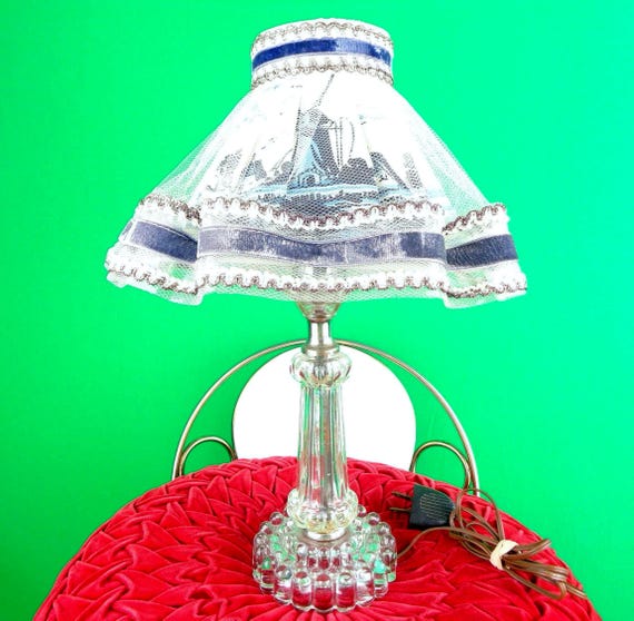 Vintage Holland Lamp Shade, 1940s-50s Tulle Velvet Accent Decor Coastal Ocean Scene Blue White