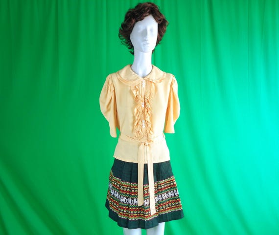 Vintage 1930s-40s Yellow Crepe Blouse with Sash & Ruffle Handmade Pullover Bishop Sleeve Top Shirt