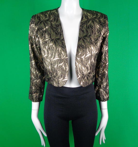 Vintage Retro Lame Metallic Clothing Bomber Crop Suit Dress Jacket Blazer Coat 1980s 90s Gold Black Med 12 Wedding Party Evening Formal Gift