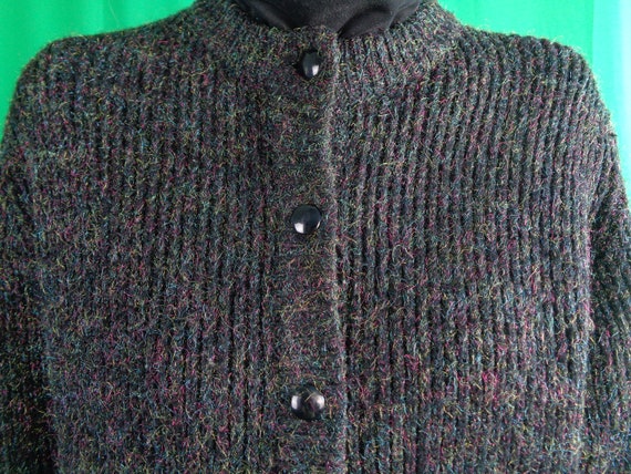 Vintage Retro Clothing Apparel Oversize Button Sweater Cardigan Top Cable Knitwear 1980s 90s XL Acrylic  Tinsel Black Yellow Pink Green Gift
