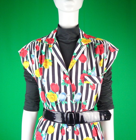 Vintage Retro Handmade Clothing Button Smock Blouse Top Shirt Maternity 1980s 1990s XLarge Floral Stripe Cotton Party Casual Formal Gift