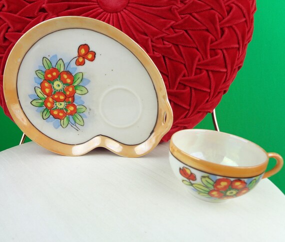 Vintage Lusterware Tea Cup Set: Iridescent Chinoiserie Floral Plate, Antique 1920s Japan Luncheon Decor