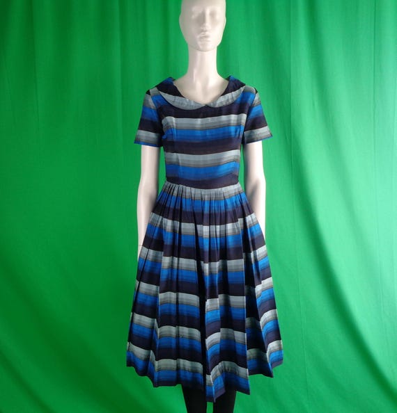 Vintage Retro Handmade Clothing Stripe Cotton Dress 1950s 1960s Mid Century Blue Black Gray Small Pleat Formal Wedding Party Evening Gift