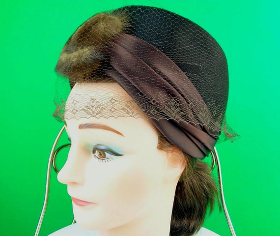 Vintage Pillbox Mink Veil Capulet: 1950s-60s Turban Cloche Hat Mid Century Fur Accessory Gift