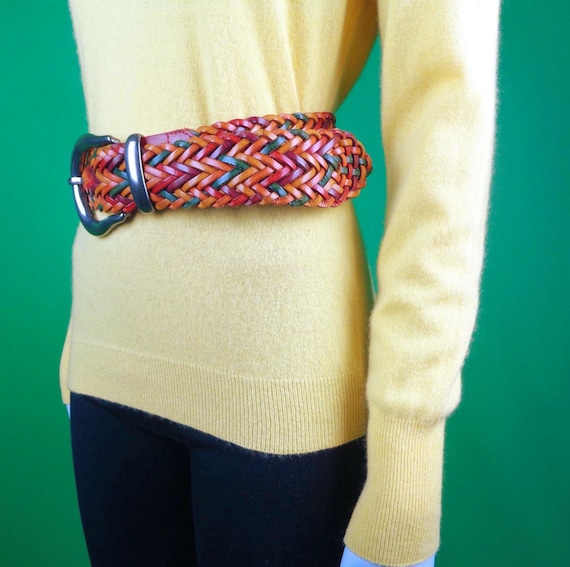 Vintage Retro Accessorie Wide Braid Leather Belts Buckle 1980s 1990s XS Small Medium Large Rainbow Wedding Party Evening Formal Casual Gift
