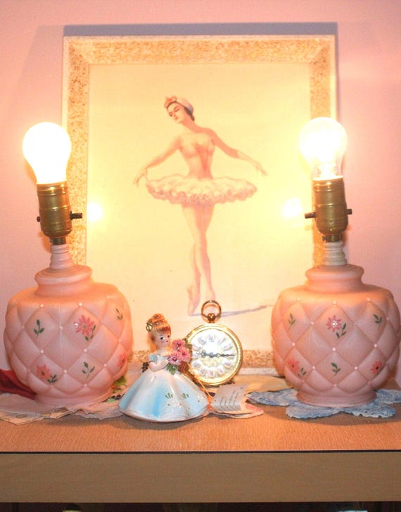 Vintage 1950s-60s Pink Quilted Table Lamps Set: Floral Accent Lights Mid Century Decor Gift