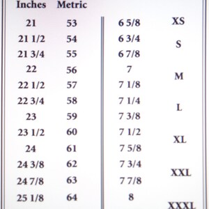 May include: A chart showing head size in inches and metric measurements, along with corresponding hat sizes in fractions of inches and abbreviations for extra small, small, medium, large, extra large, extra extra large, and extra extra extra large.