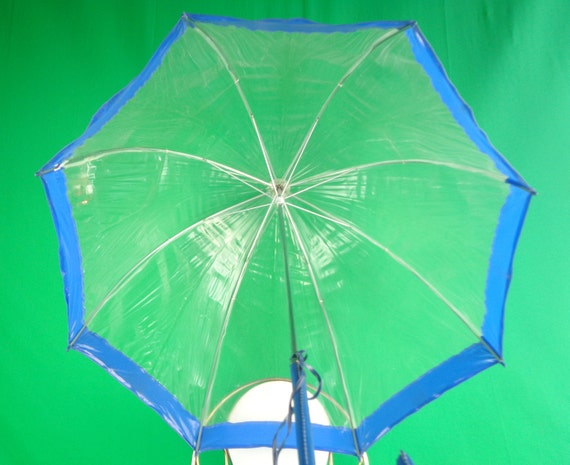 Vintage Dome Pagoda Umbrella: 1960s-70s Parasol Canopy Blue Clear Cover Accessorize Gift