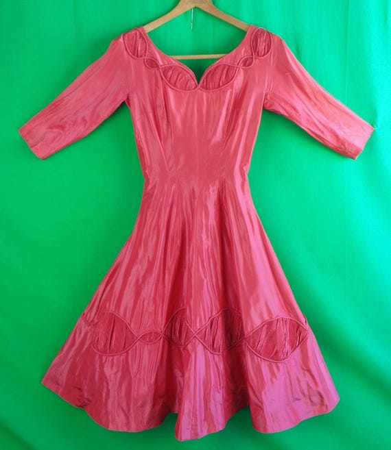 Vintage Retro Handmade Clothing Fuchsia Hot Pink Red Dress Crinoline Slip 1950s 60s Mid Century XS Wedding Party Prom Formal Evening Gift